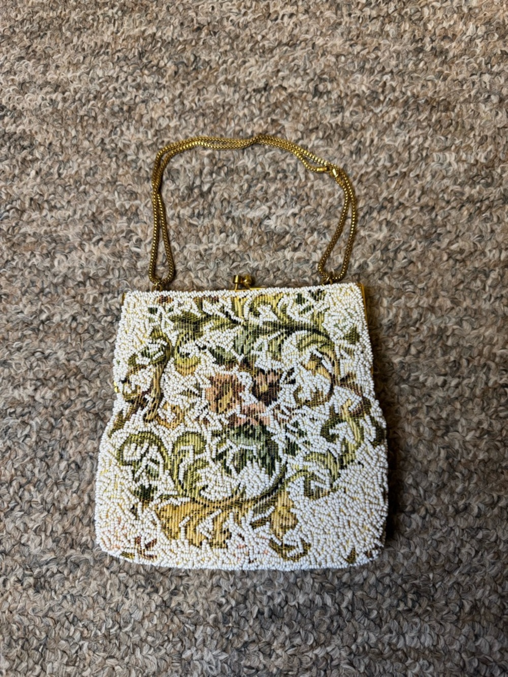 Vintage Beaded Floral Evening Bag in Cream and Green